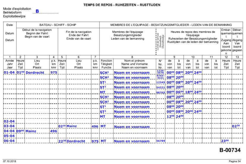 Vaartijdenboek - Voorbeeld 2 regelmatig rooster